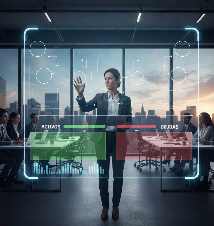 Mujer profesional gestionando una pantalla interactiva con gráficos de 'ACTIVOS' y 'DEUDAS' en un entorno de oficina moderno con vista a la ciudad, representando la gestión financiera y la estructura de patrimonio.