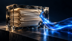Ilustración conceptual de documentos que liberan un flujo azul de liquidez al abrirse un bloque de cristal.